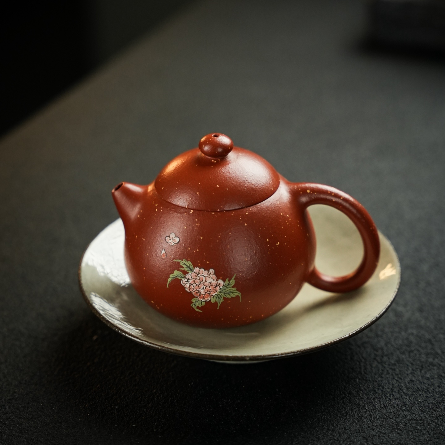 全手工文旦紫砂壶原矿朱泥220cc牡丹泥绘 宜兴紫砂壶女士茶壶