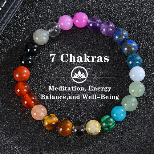 波西米亚七彩石手链虎眼石水晶串珠瑜伽石手串7 Chakras卡片手链