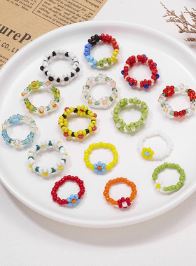 韩国IU同款手工串珠多巴胺戒指ins小红书潮彩色编织小花花朵戒指