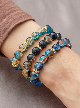 欧美饰品透明琉璃爆花珠手链双色渐变玻璃珠串珠编织手链手环