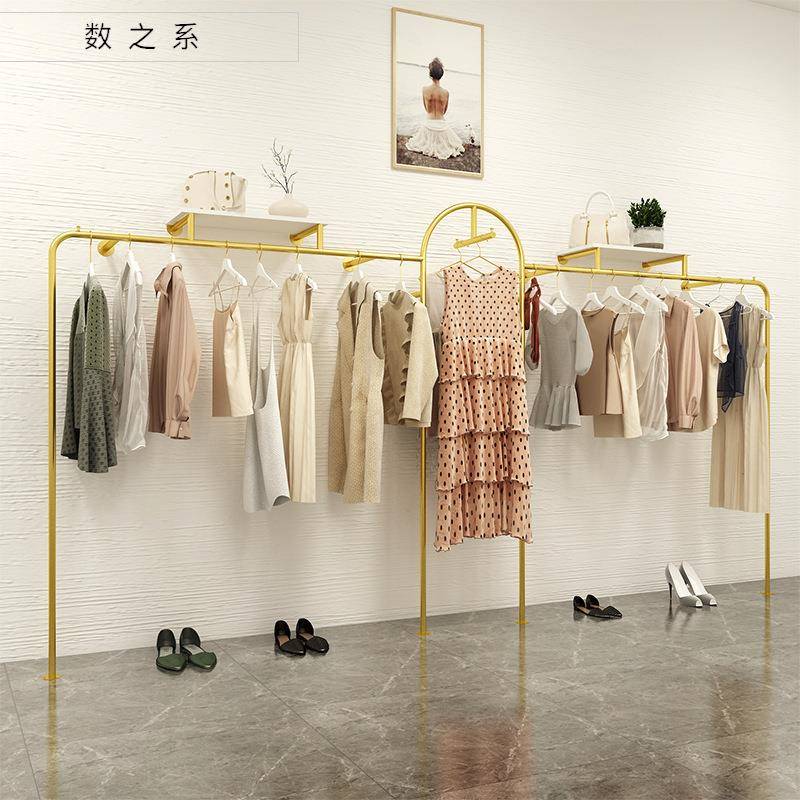 简约金色服装店展示架上墙落地式女装带正挂置物架靠墙衣架货架