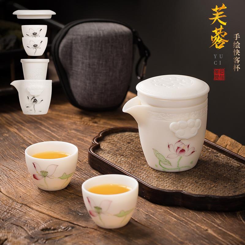 荷花手绘旅行茶具陶瓷便携茶具套装一壶二杯快客杯出差一体收纳包