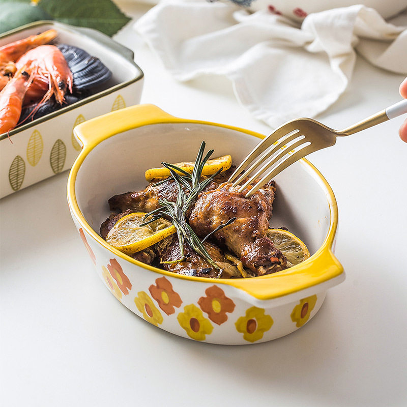 家用烤盘陶瓷盘创意长方形盘子烘焙芝士焗饭碗微波炉烤箱专用餐具