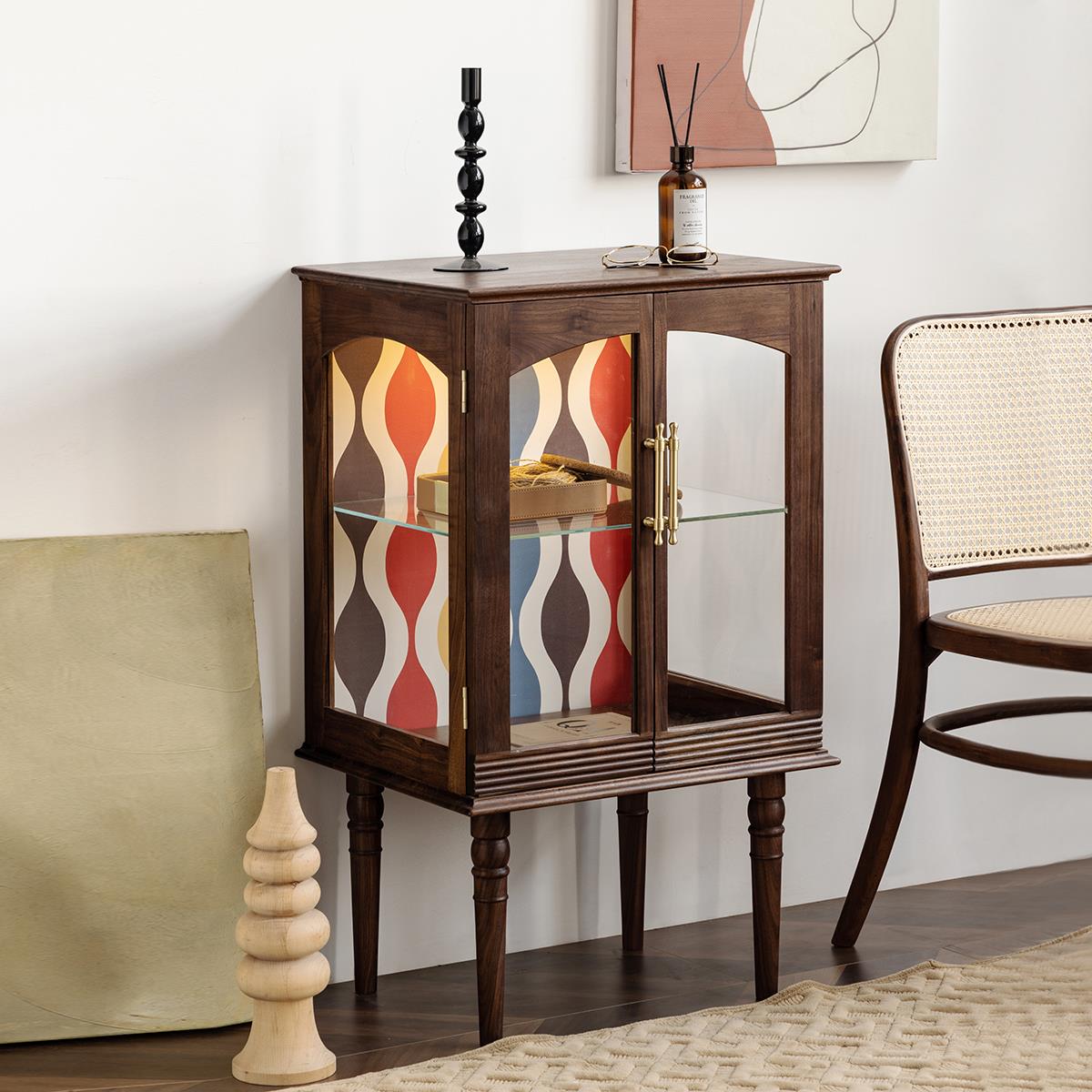 物应复古玻璃展示柜客厅手办柜黑胡桃木实木斗柜沙发边柜收纳柜