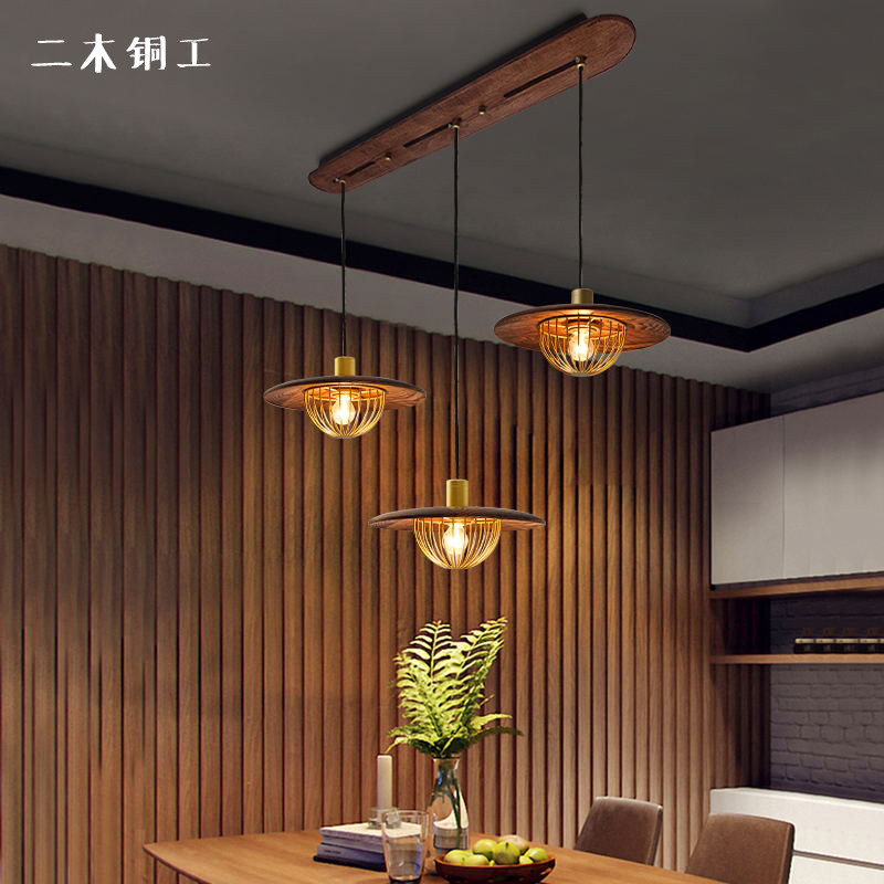 餐厅灯吊灯三头小客厅玄关轻奢复古灯泡室内实木胡桃木色创意灯具