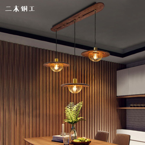 餐厅灯吊灯三头小客厅玄关轻奢复古灯泡室内实木胡桃木色创意灯具