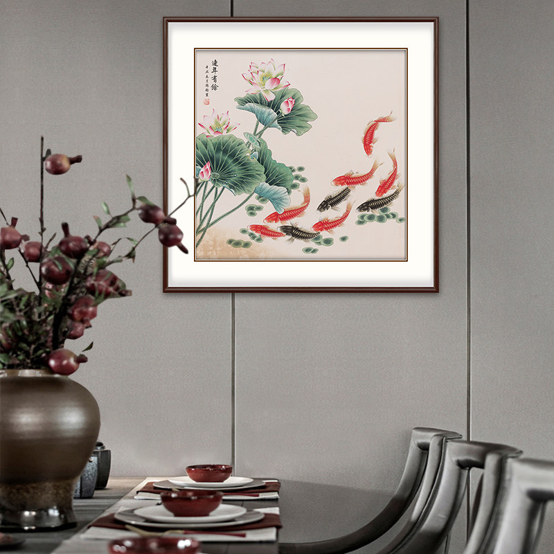 新中式玄关装饰画手绘九鲤鱼图工笔画餐厅连年有余壁画客厅挂画