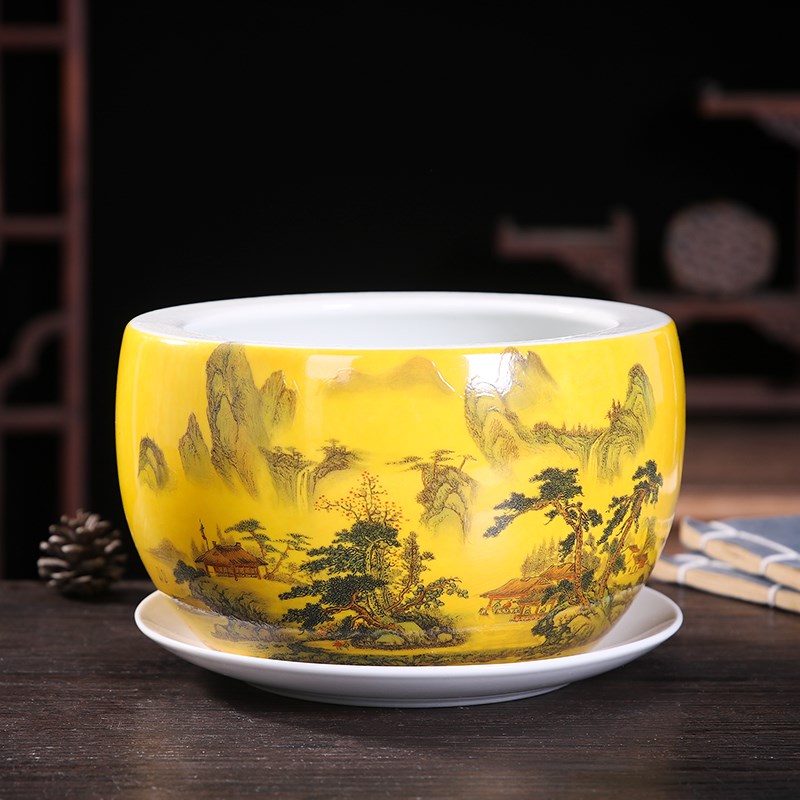 景德镇陶瓷花盆特大号室内栽发财树造景盆透气阳台种植兰花带托盘