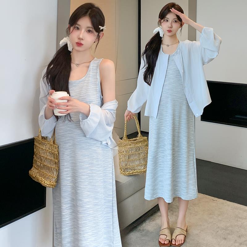 孕妇装夏装连衣裙宽松2025夏季背心裙防晒衬衫夏天冰丝宽松套装