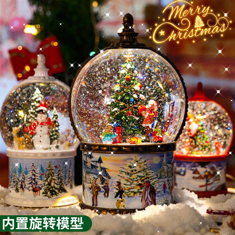 圣诞节水晶球灯飘雪花旋转音乐盒梦幻创意圣诞雪人摆件送生日礼物