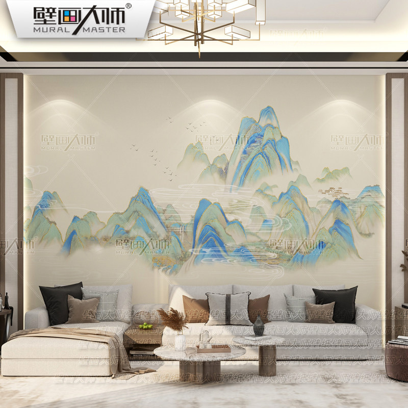 千里江山3d壁纸轻奢新中式山水壁布电视背景墙纸客厅沙发墙布新款
