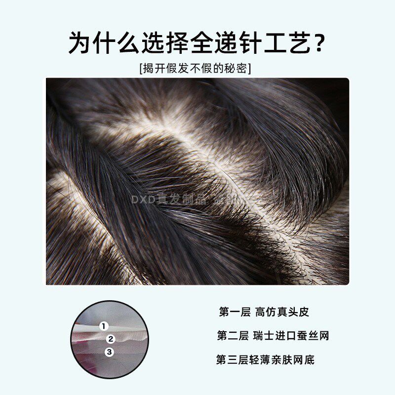 男士假发全递针真发隐形无痕头顶补发片手织中老年秃头男生补发套