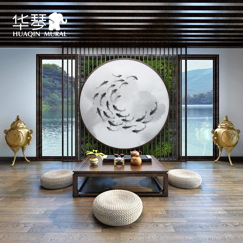新中式水墨画电视背景墙壁纸 客厅茶室书房九鱼墙纸鱼群壁画墙布