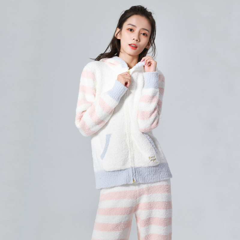 软绵绵睡衣女秋冬季加厚半边绒保暖拉链甜美日系珊瑚绒家居服套装