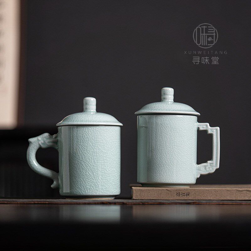 粉青汝窑办公杯水杯高档亮釉汝瓷带盖泡茶杯复古中式陶瓷会议杯