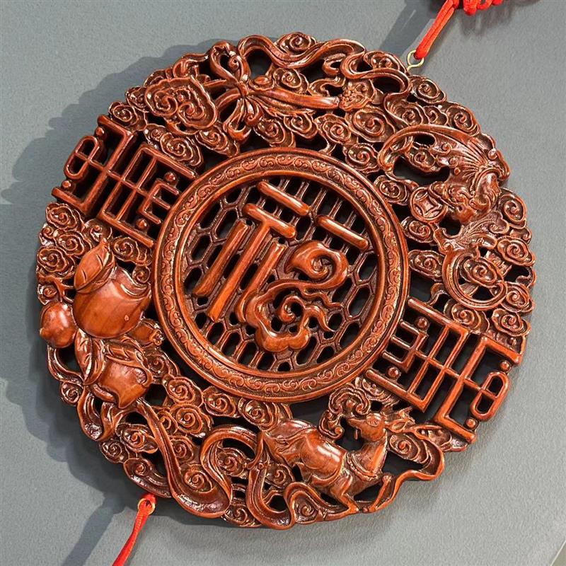 邱师傅竹木BJ111香樟木圆形福字流苏挂件风水福气满满装饰堂墙饰