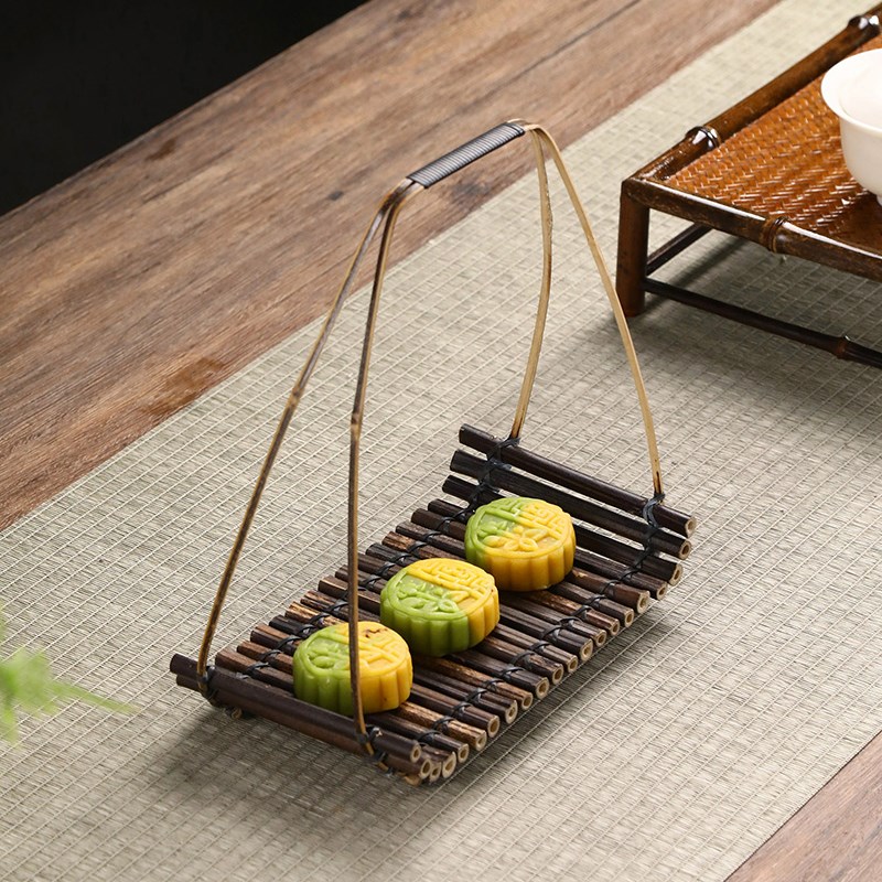 竹排手提点心篮手工编织提篮创意家用摆件复古装饰竹排托盘点心盘