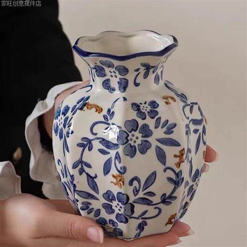 新中式中古小号八角瓶青花瓷复古陶瓷花瓶宋代美学插花摆件花器臻