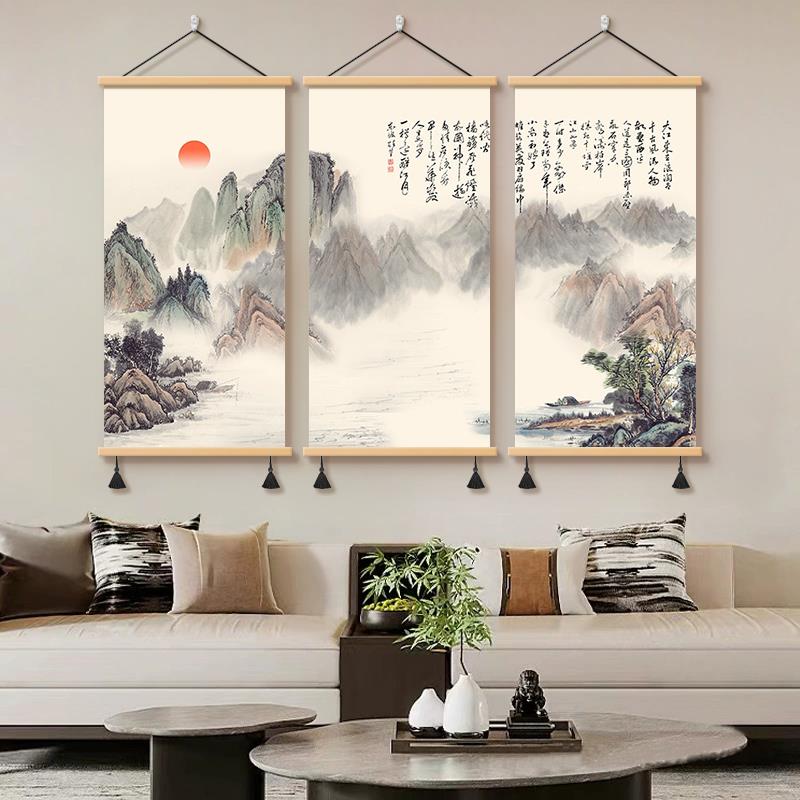 新中式山水沙发背景墙装饰画国风水墨风景三联画饭厅客厅墙壁挂画