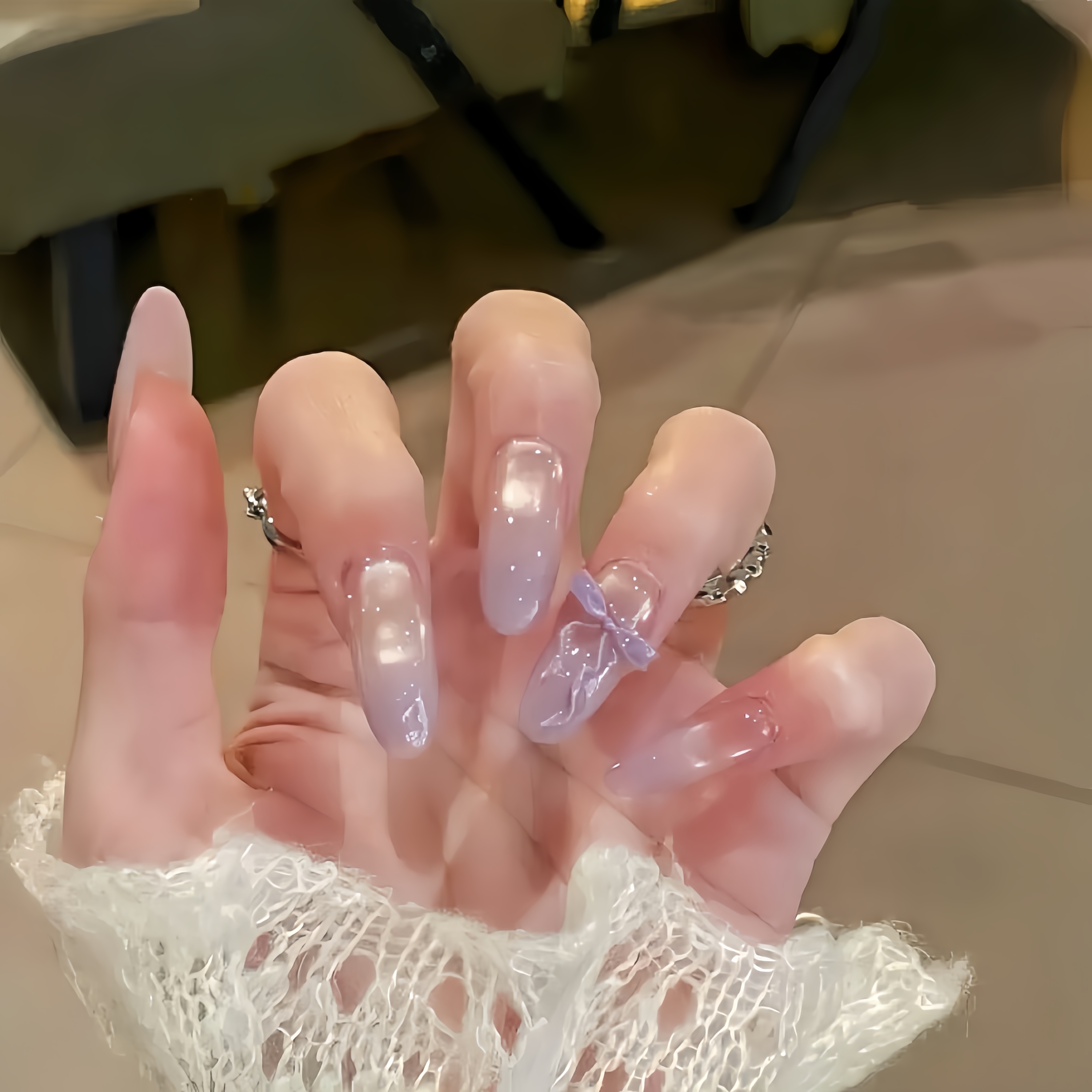 紫色猫眼渐变穿戴甲蝴蝶结