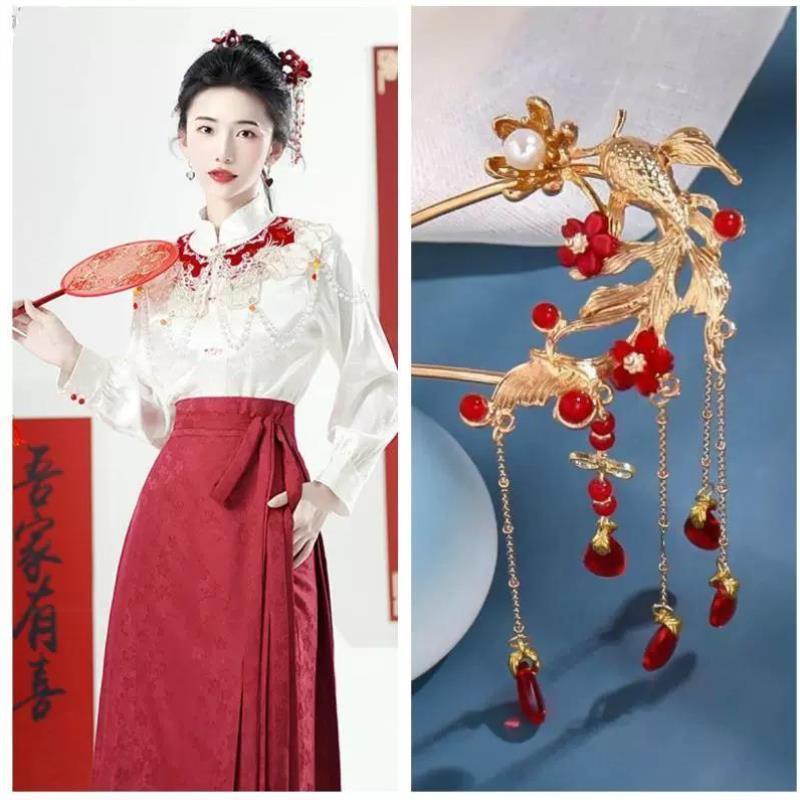 红色发簪结婚凤钗流苏步摇古风u型簪子新年发饰马面裙头饰发钗女