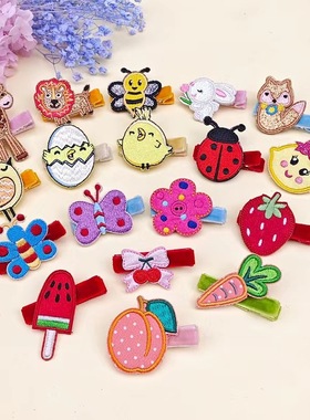 90201无纺布刺绣发夹 可爱动物水果蝴蝶结发夹 丝绒织带儿童发夹