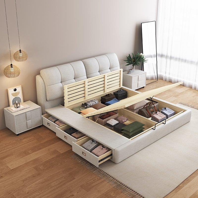 现代简约奶油风储物柜双人床1.5x2米静音1.8x2米床带抽屉入户安装