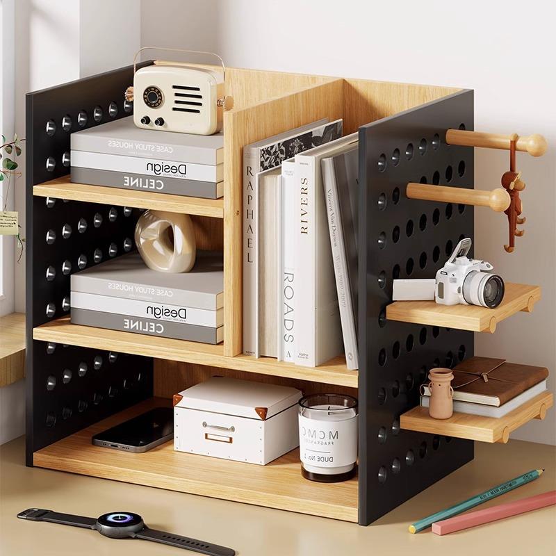 办公桌置物架工位文件分层收纳桌面文具木质整理架桌面洞洞板书架