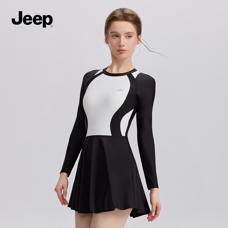 Jeep泳衣女高级感2026新款连体裙式保守防晒遮肚显瘦海边度假泳装
