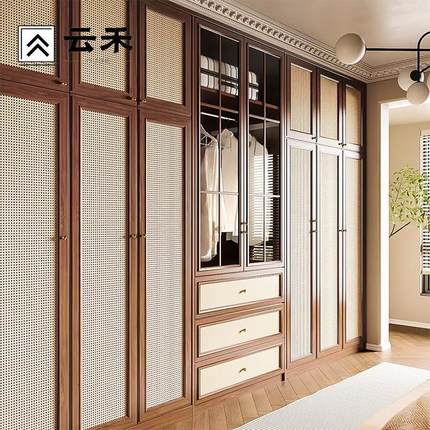 全屋定制衣柜极简侘寂风原木实木藤编柜门家用卧室设计效果图工厂