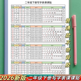 2026年新版二年级上下册写字表课课贴笔顺笔画组词一课一贴彩印