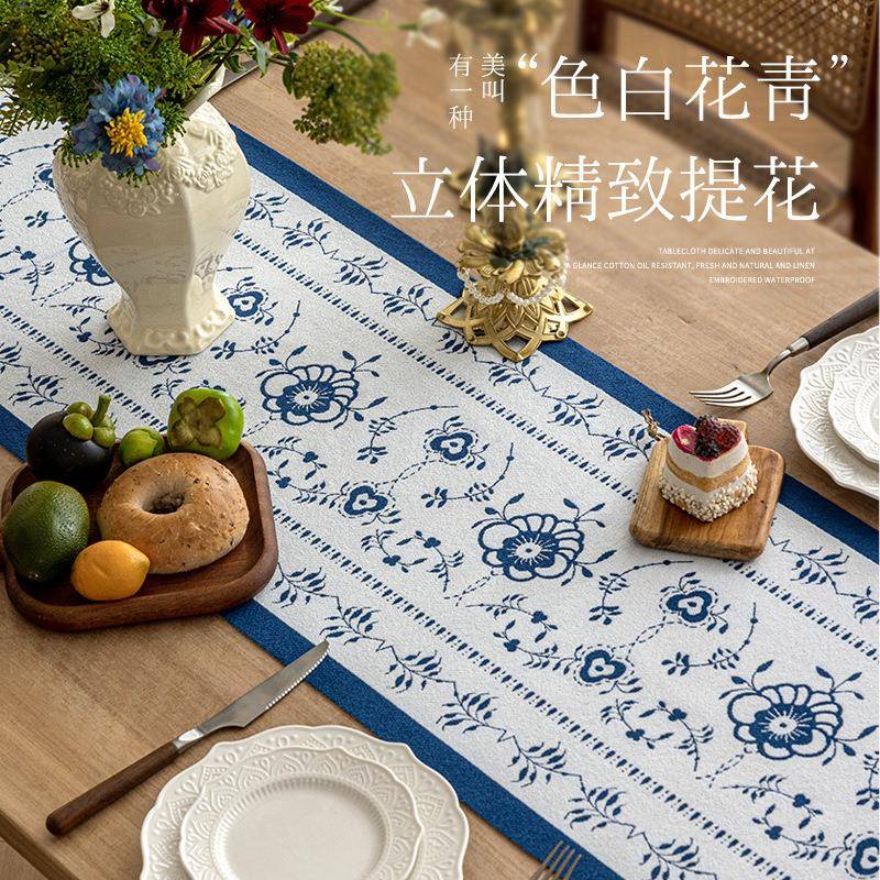 新款热销美式桌旗雪尼尔提花长条桌布客厅书房茶几古风流苏茶旗垫