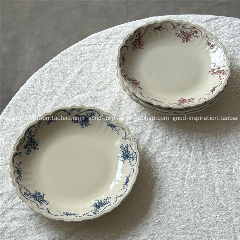 出口英国原单 釉下彩法式中古花卉陶瓷甜品盘蛋糕盘子西餐盘复古