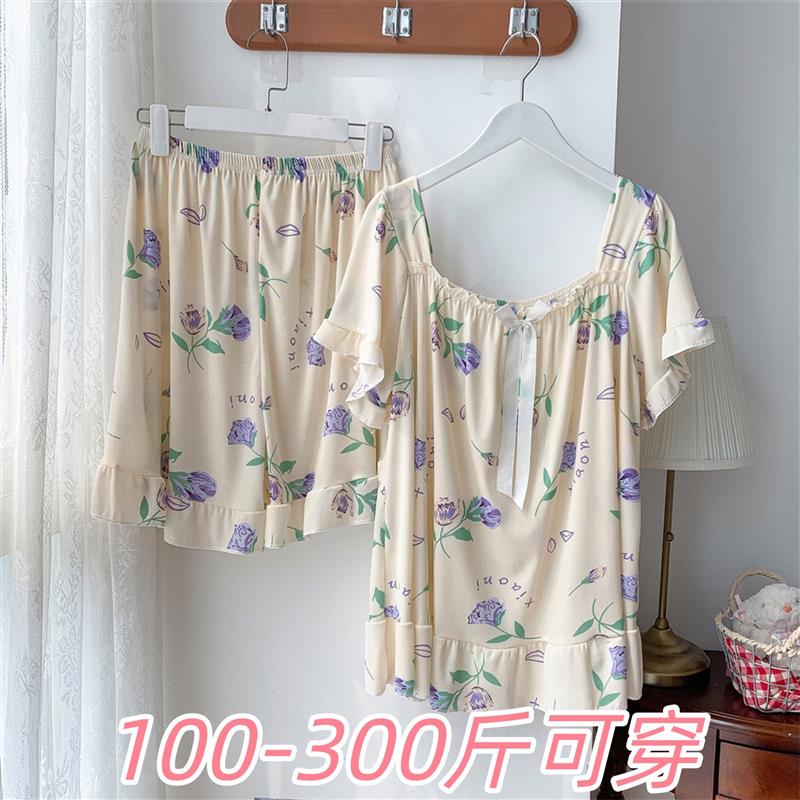 300斤特大码冰丝睡衣套装女夏季胖MM200斤加肥宽松印花方领家居服