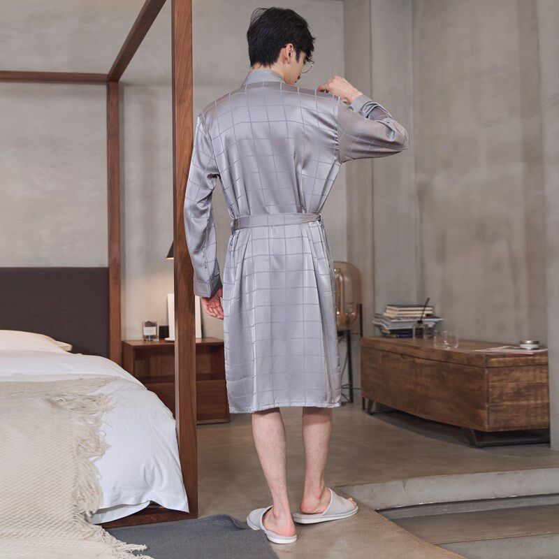 男士长袖睡袍春秋款冰丝薄款睡衣春夏季家居服丝绸中长款浴袍浴衣