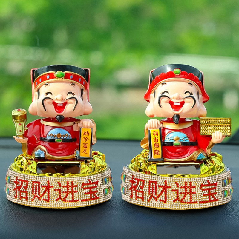车内用品五路财神爷摆件汽车客厅店铺办公桌面摆太阳能摇头装饰