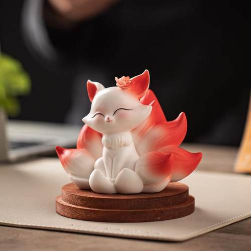 创意84512034可爱摆陶九尾瓷狐汽小件家居办公室桌面车载小狐狸装