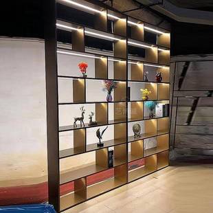 饰带灯开放格书架 不锈钢置物隔板酒柜金属客厅镂空隔断柜装