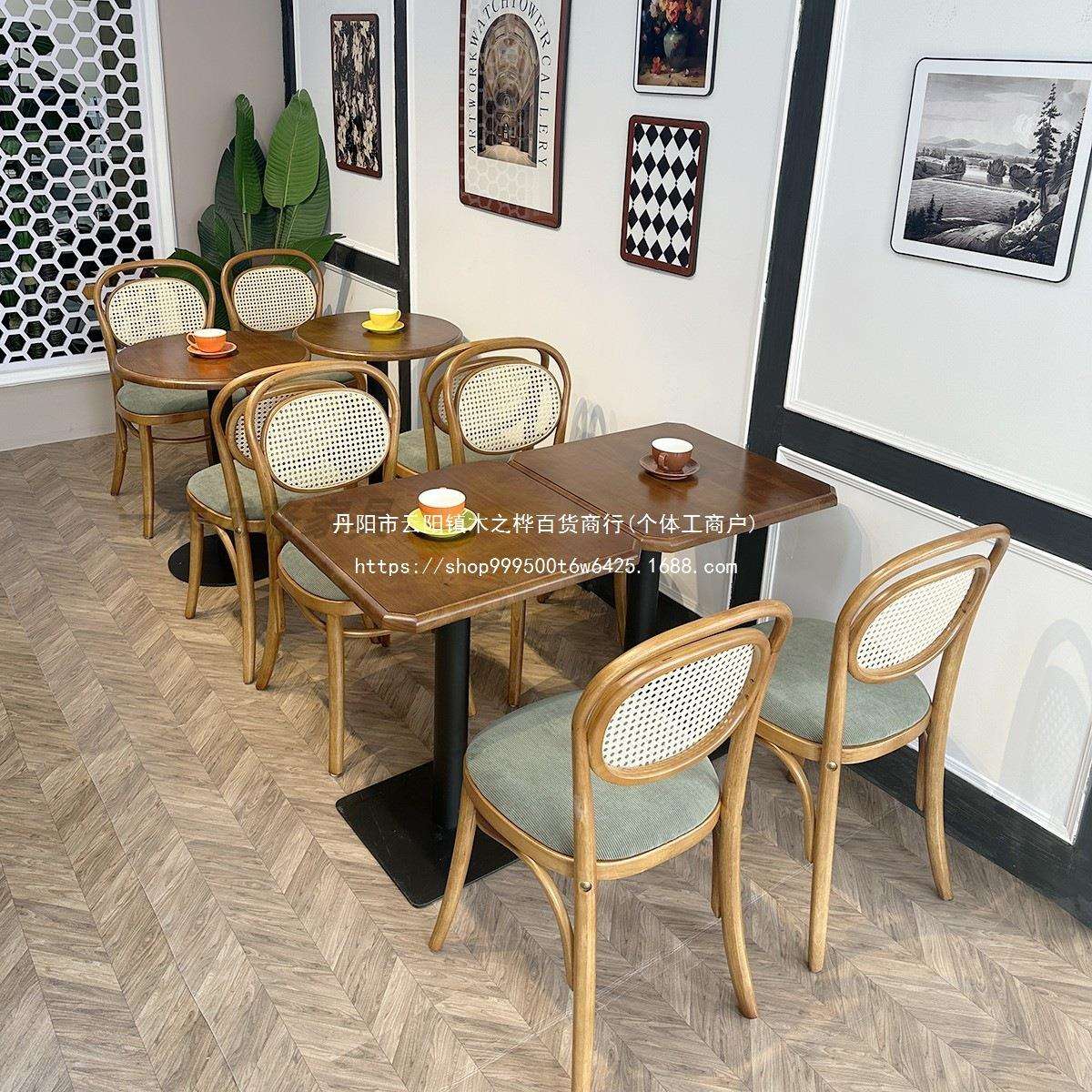 复古实木桌椅组合美式咖啡厅餐饮小吃烘焙奶茶甜品店西餐厅方圆桌