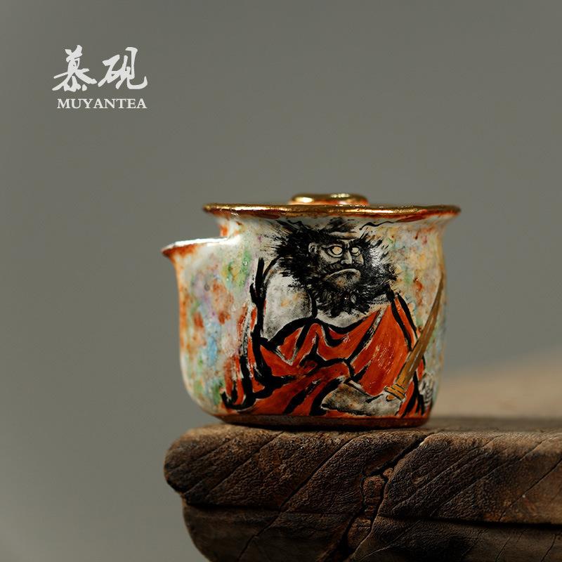 慕砚手作志野烧宝瓶壶禾泥手绘柴烧钟馗手抓壶盖碗开片可养泡茶器