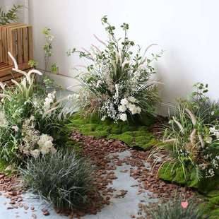 芦苇草丛造景布置酒店橱窗拍照布置园景水池青苔插花绿植花丛