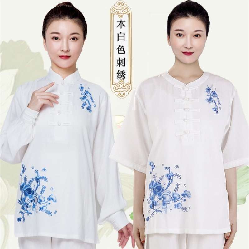 太极服女短袖春秋夏季亚麻棉麻新款刺绣太极拳服装练功服男