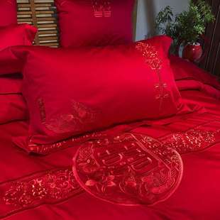 九喜狐婚庆家纺刺绣四件套备婚结婚床上用品长绒棉被套喜结连理