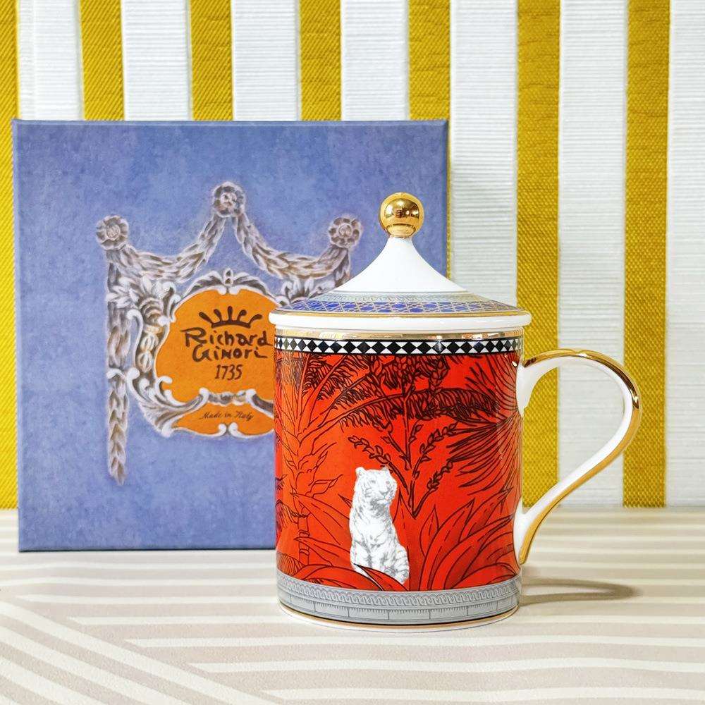 老虎图复古骨瓷开会用马克杯高档描金盖杯300ml办公室茶杯咖啡杯