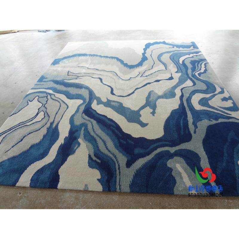 新中式抽象蓝色山水水墨画禅意手工羊毛客厅茶几地毯书房大厅满铺