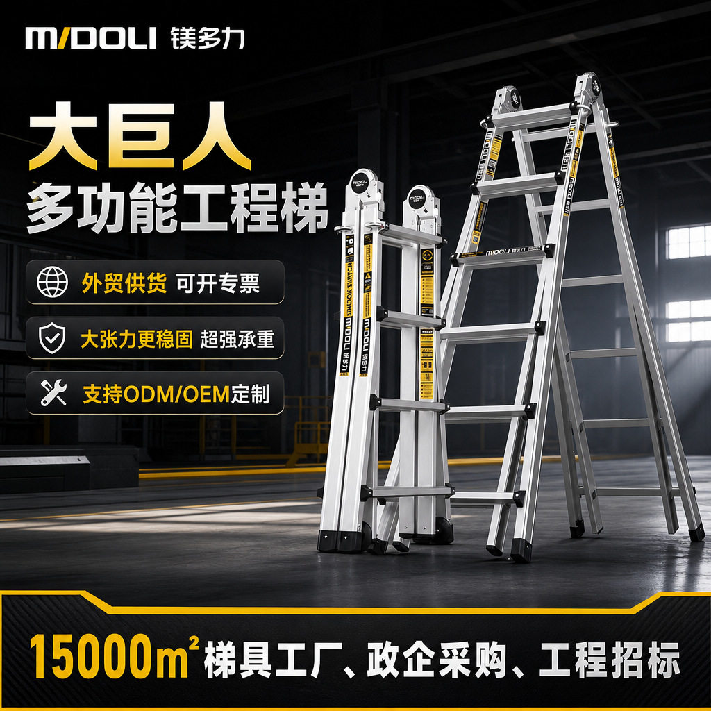 镁多力大巨人伸缩梯子家用多功能升降梯工程梯铝合金折叠梯人字梯