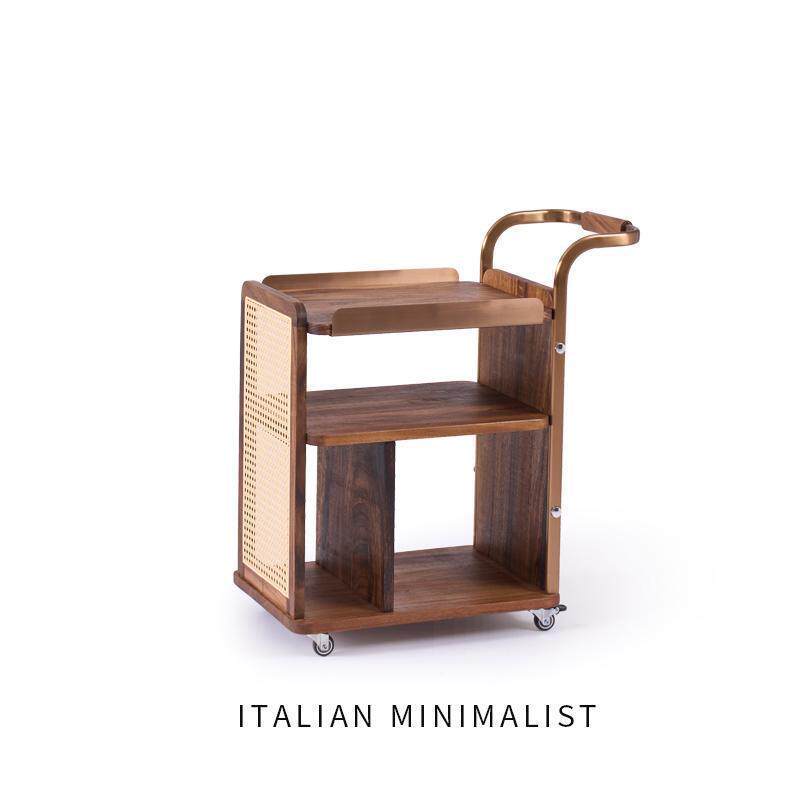 YH035a黑胡桃木藤编小推车实木边几客厅沙发置物架中古风可移动小