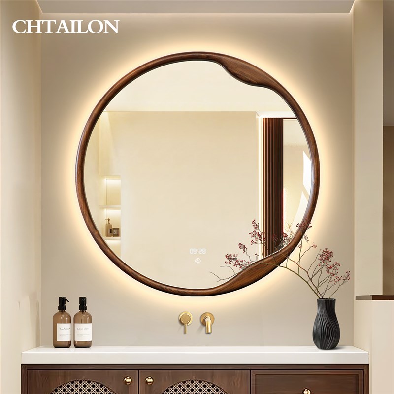 中古风实木智能浴室镜子卫生间led防水化M妆镜壁挂洗手台复古圆镜