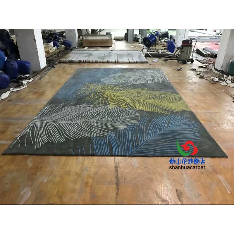 新中式抽象羽毛地毯手工进口羊毛客厅茶几沙发地毯卧室客房床前毯