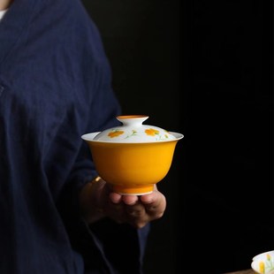 手绘陶瓷盖碗单人女茶盏盖杯家用功夫茶具高端小号三才泡茶碗壶承